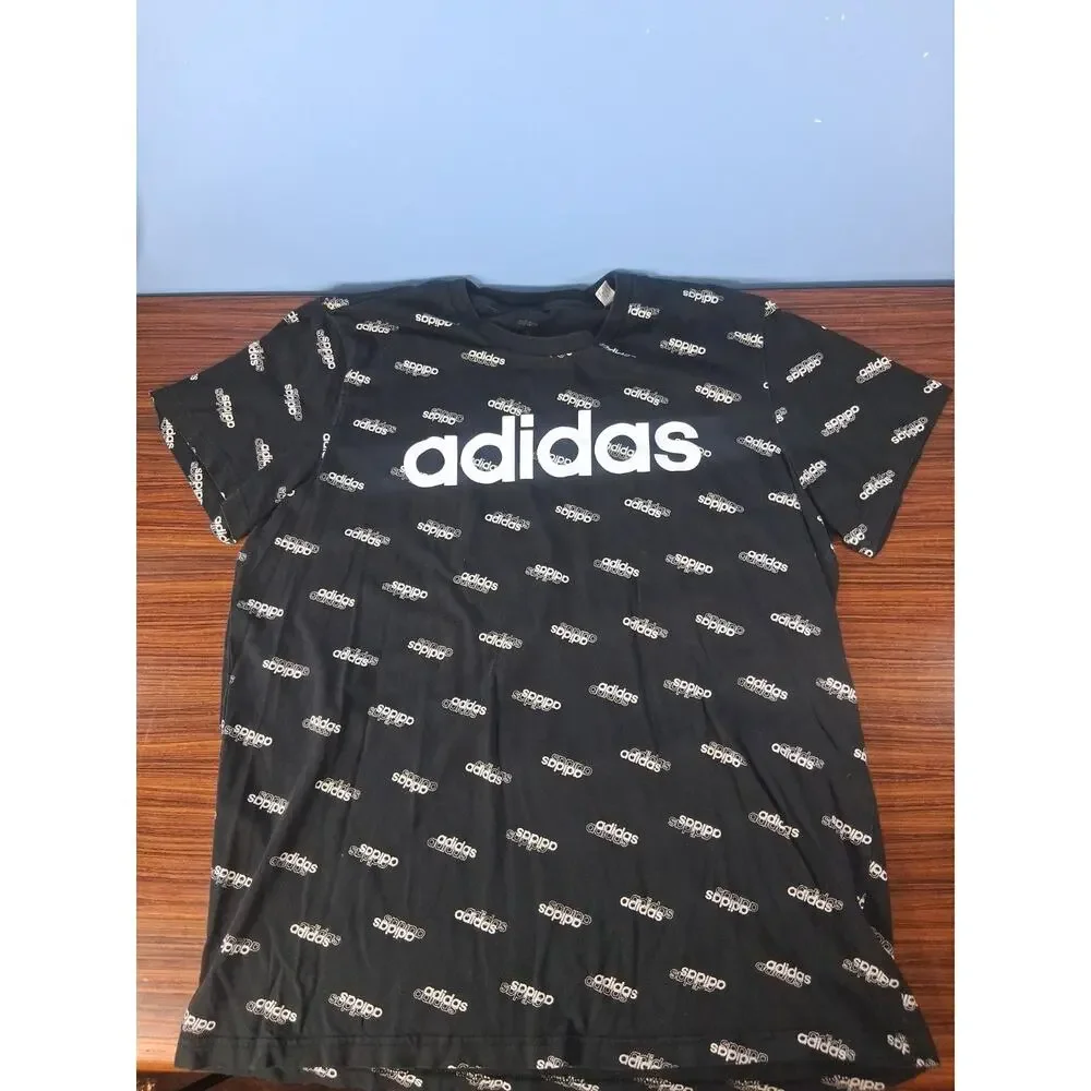 Adidas Logo Black Shirt Size XL White Logo All Over Print Short Sleeve